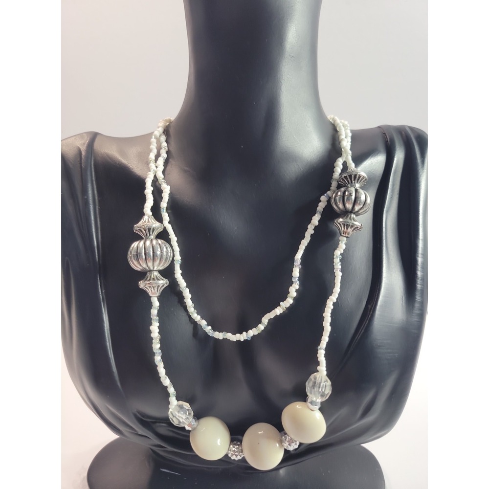 Long Cream White Beaded Necklace Clear Faceted Beads Silver Tone Boho Statement